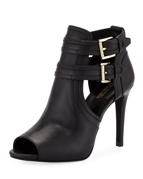 michael kors booties black open toe|Michael Kors heeled boots.